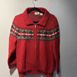 Vintage Women SzM Red Knit Wool Cardigan Full Zip‎  Holiday  Cabincore Fisherman